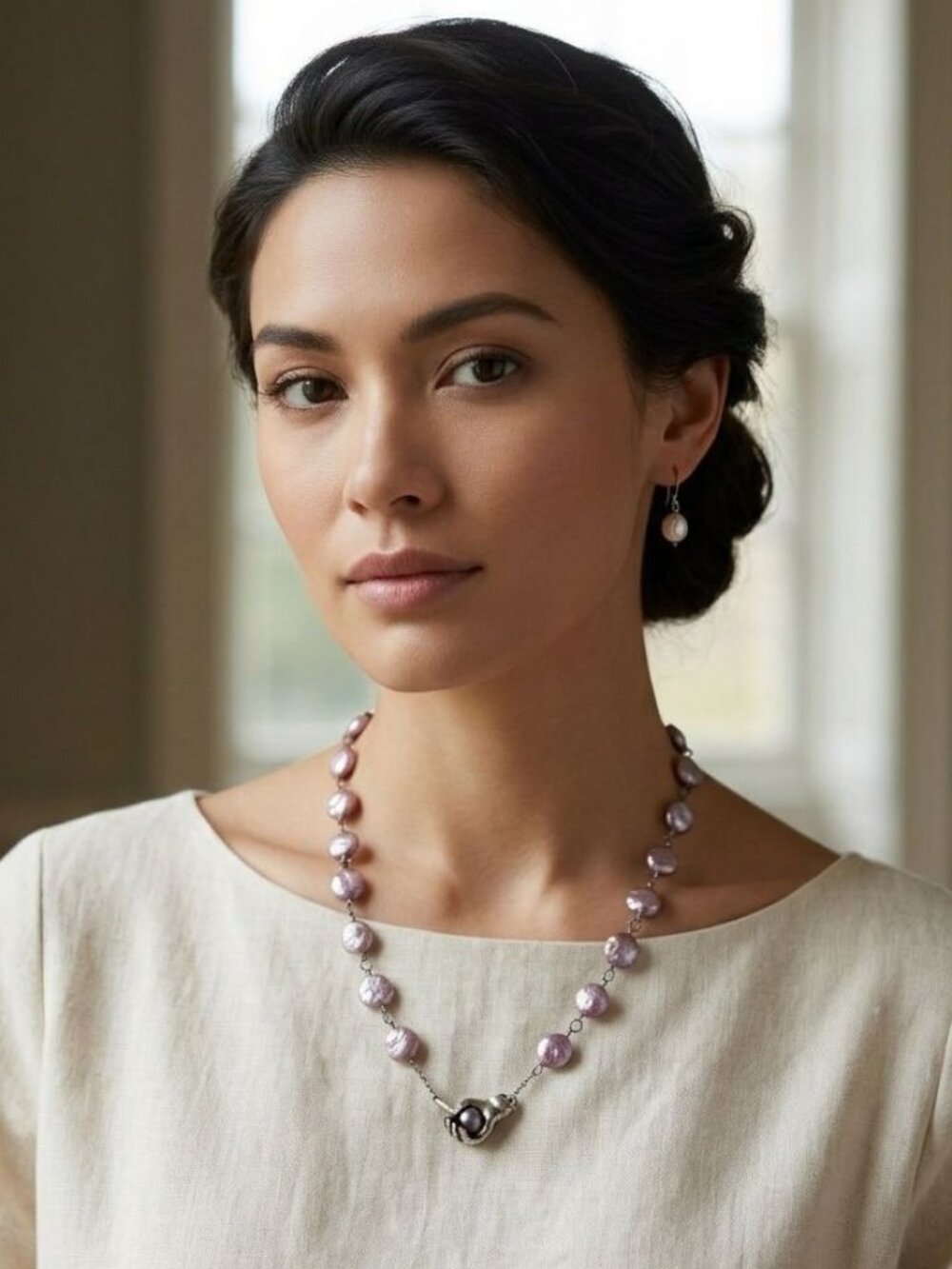 Pink Pearl 19" Necklace, Tossy Garrett Style Silver Hand Sculpture Clasp Studio
